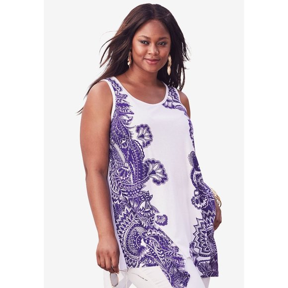 NEW Roaman's L-18/20 Handkerchief Hem Trapeze Tunic Tank Top Purple Lace Print - Picture 13 of 13
